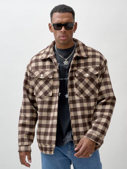Куртка рубашка шерстяная в клетку мужская демисезонная коричневого цвета 58566K