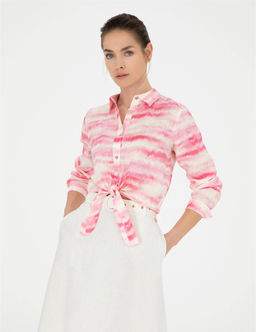 Pembe Crop Top Uzun Kollu Keten G_mlek