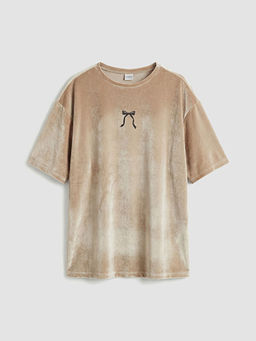 Bisiklet Yaka Fiyonk Bask?l? K?z ?ocuk Kadife Ti??rt