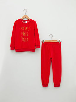 Bisiklet Yaka Nak??l? Uzun Kollu Kadife K?z ?ocuk Pijama Tak?m?