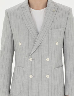 Gri Ekstra Slim Fit _izgili Kruvaze Tak_m Elbise