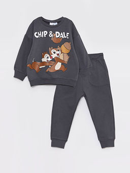 Bisiklet Yaka Uzun Kollu Chipn Dale Bask?l? Erkek Bebek Sweatshirt ve Pantolon 2li Tak?m