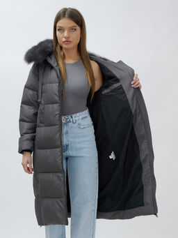 с натуральным мехом песца класса Люкс Бренд Visdeer Пальто зимние темно-серого цвета  фото 15