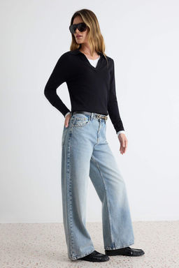 A__k Mavi %100 Pamuk Y_ksek Bel Bilek Boy Wide Leg Jeans TWOAW27JE00094 - Trendyolmilla фото 2