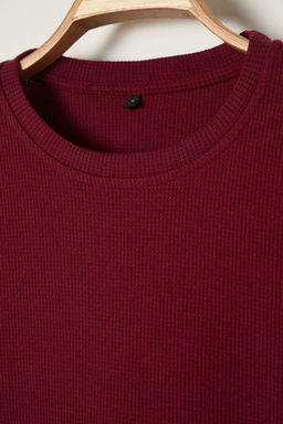 Basic Bordo Oversize/Genis Kesim Dokulu Waffle K?sa Kol T-Shirt TMNSS22TS00049