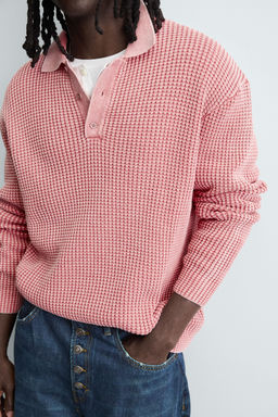 WASHED WAFFLE-KNIT POLO SHIRT - Zara фото 5