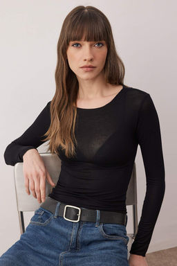 Siyah Transparan Esnek Vucuda Oturan Orme Bluz TWOAW26BZ00306 - Trendyolmilla фото 3