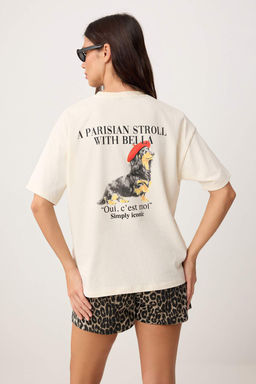 Ekru Bask?l? Oversize/Genis Kal?p K?sa Kollu Orme T-Shirt TWOSS26TS00292 - Trendyolmilla фото 3
