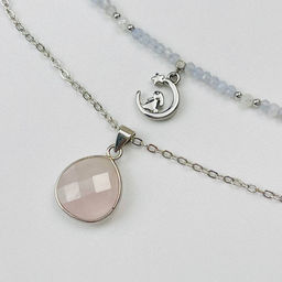 Колье двойное из Голубого агата Халцедон и Розового кварца - Радуга самоцветов фото 2