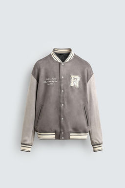 FAUX SUEDE BOMBER JACKET WITH PATCHES