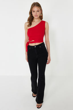 K?rm?z? Tek Omuz Fitted/Vucuda Oturan Baglama Detayl? Fitili Orme Bluz TWOSS22BZ1558