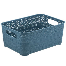 Домашняя мода Корзина пластмассовая для хранения Вышивка 26,5х19см h11,1см, матовый пластик, с серой крышкой, с ручками, синий (Китай)  фото 2