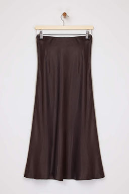 Kahverengi Saten A-line/Can Kesim Midi Etek TWOAW26ET00163