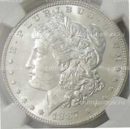 1 доллар 1887 года США Доллар Моргана (в слабе NGC MS 63)