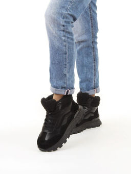 04-WG042-1M BLACK Кроссовки зимние женские (натуральная кожа, натуральная замша, 100% шерсть)