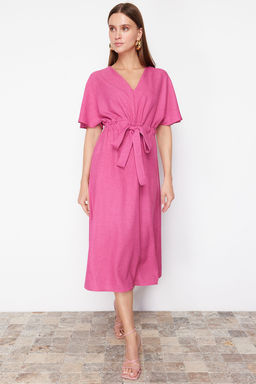 TRENDYOLMILLA Turuncu Baglama Detayl? A Kesim V Yaka Midi Dokuma Elbise TWOSS23EL01543  фото 18