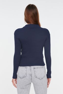 Lacivert Fitted/Vucuda Oturan Dik Yaka Uzun Kol Fitilli Esnek Orme Bluz TWOAW21BZ0423