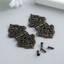 Цена за 3 шт. Петля для шкатулки металл "Узорная с цветами" бронза + гвозди набор 2 шт 5,3х2,8 см
