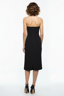 Siyah Tas Bask?l? Straplez Dokuma S?k Midi Abiye Gece Mezuniyet Elbisesi TPRSS25EL00078 - Trendyolmilla фото 3