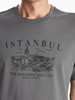 Bisiklet Yaka K?sa Kollu ?stanbul Bask?l? Penye Erkek Ti??rt