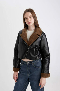 Su Itici Regular Kal?p Fermuarl? Ici Suni Kurklu K?sa Suni Deri Mont - Defacto фото 2