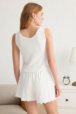 Trendyolmilla Beyaz Kiraz Nak?sl? Baby Overlok Detayl? Fitilli Sortlu Orme Pijama Tak?m? THMSS25PT00112  фото 6