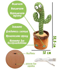 Повторюшка "Кактус" 32,5см на аккумуляторе (FJ-3176) +120 современных песен, в коробке
