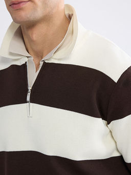 Fermuarl? Polo Yaka ?izgili Erkek Triko Kazak