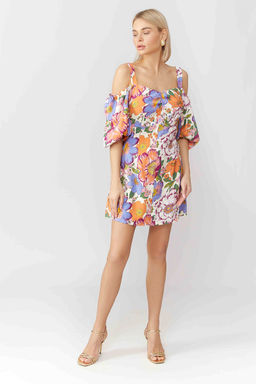 Льняное платье мини на бретелях с объемным рукавом и расклешенной юбкой в принте Цветы винтаж - Serginnetti фото 3