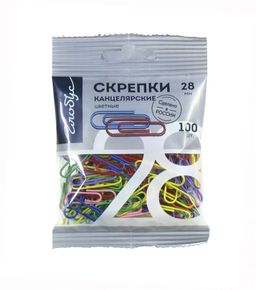 Скрепки ГЛОБУС 28 мм 100 шт., классические с цветным полимерным покрытием, в пакете с евро...
