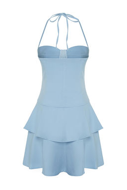 Ac?k Mavi A-Kesim Dokuma K?sa S?k Abiye Elbise TPRSS24EL00149