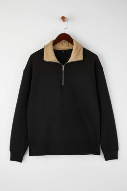 Siyah Yaka Detayl? Dik Yaka Yeni Oversize/Genis Kesim Kal?n/Ici Polarl? Sweatshirt TMNAW26SW00003