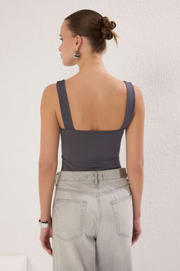 Antrasit Fitted/Vucuda Oturan S?rt? Detayl? Kare Yaka C?tc?tl? Esnek Orme Body TWOSS24BD00026