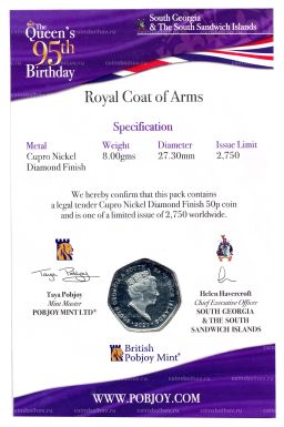 50 центов 2021 года Южная Георгия и Южные Сендвичевы острова 95 лет со дня рождения королевы Елизаветы II (в подарочном блистере)