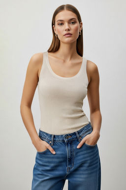 Ekru Bisiklet Yaka Basic Bluz TWOSS25BZ00181