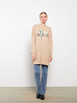 Bisiklet Yaka Bask?l? Uzun Kollu Kad?n Tunik