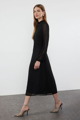 Siyah A Kesim S?rt Detayl? Astarl? Midi Sifon Dokuma K?sl?k Elbise TWOAW25EL00172 - Trendyolmilla фото 3