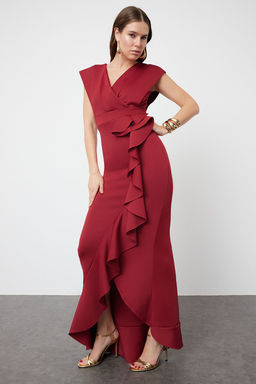 Bordo F?rf?r Detayl? Dokuma Uzun S?k Abiye Elbise TPRSS24AE00251 - Trendyolmilla фото 3