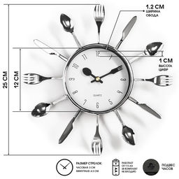 Часы настенные интерьерные «Вилки, ложки, поварешки», для кухни, бесшумные, плавный ход, 25×25 см, циферблат d=11 см