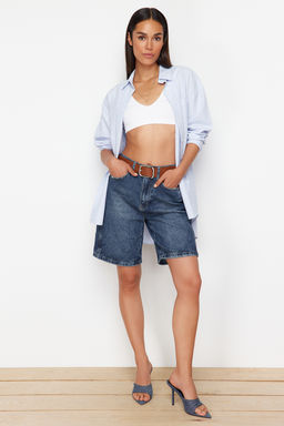 Koyu Mavi More Sustainable Yuksek Bel Denim Bermuda TWOSS24SR00177 - Trendyolmilla фото 2