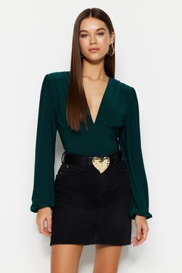 TRENDYOLMILLA Siyah Balon Kol V Yaka Fitted/Vucuda Oturan Esnek C?tc?tl? Orme Body TWOSS23BD00030 фото 12