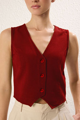K?rm?z? Regular Pamuk Crop Keten Dokuma Yelek TWOSS24YE00024