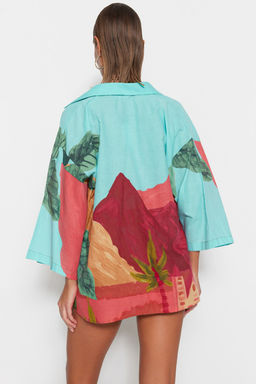 Manzara Desenli Dokuma %100 Pamuk Plaj Gomlek-Sort Tak?m TBESS22AU0040