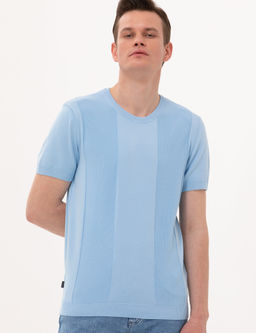 A__k Mavi Slim Fit Bisiklet Yaka Triko Ti__rt