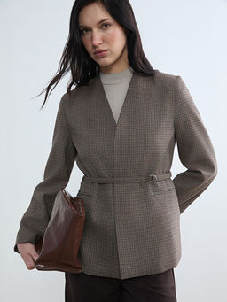 Kemerli Ekose Kad?n Blazer Ceket
