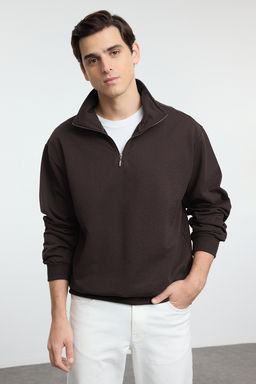 Koyu Kahverengi Oversize/Genis Dik Yaka Fermuarl? Etiketli Ici Polarl? Sweatshirt TMNAW25SW00168