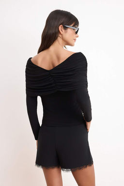 Siyah Fitted/Vucuda Oturan Carmen Yaka Buzgu Detayl? Uzun Kol Orme Bluz TWOSS26BZ00694 - Trendyolmilla фото 4