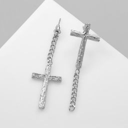 Серьги металл Крест и цепочка плетение, цвет серебро