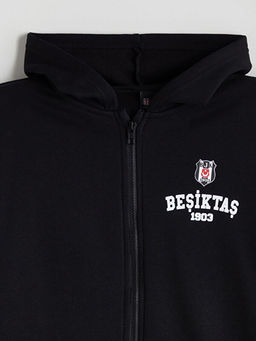 Kap??onlu Be?ikta? Bask?l? Erkek ?ocuk Fermuarl? Sweatshirt