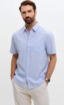 Рубашка к/р лен F111-0450 l.blue stripes